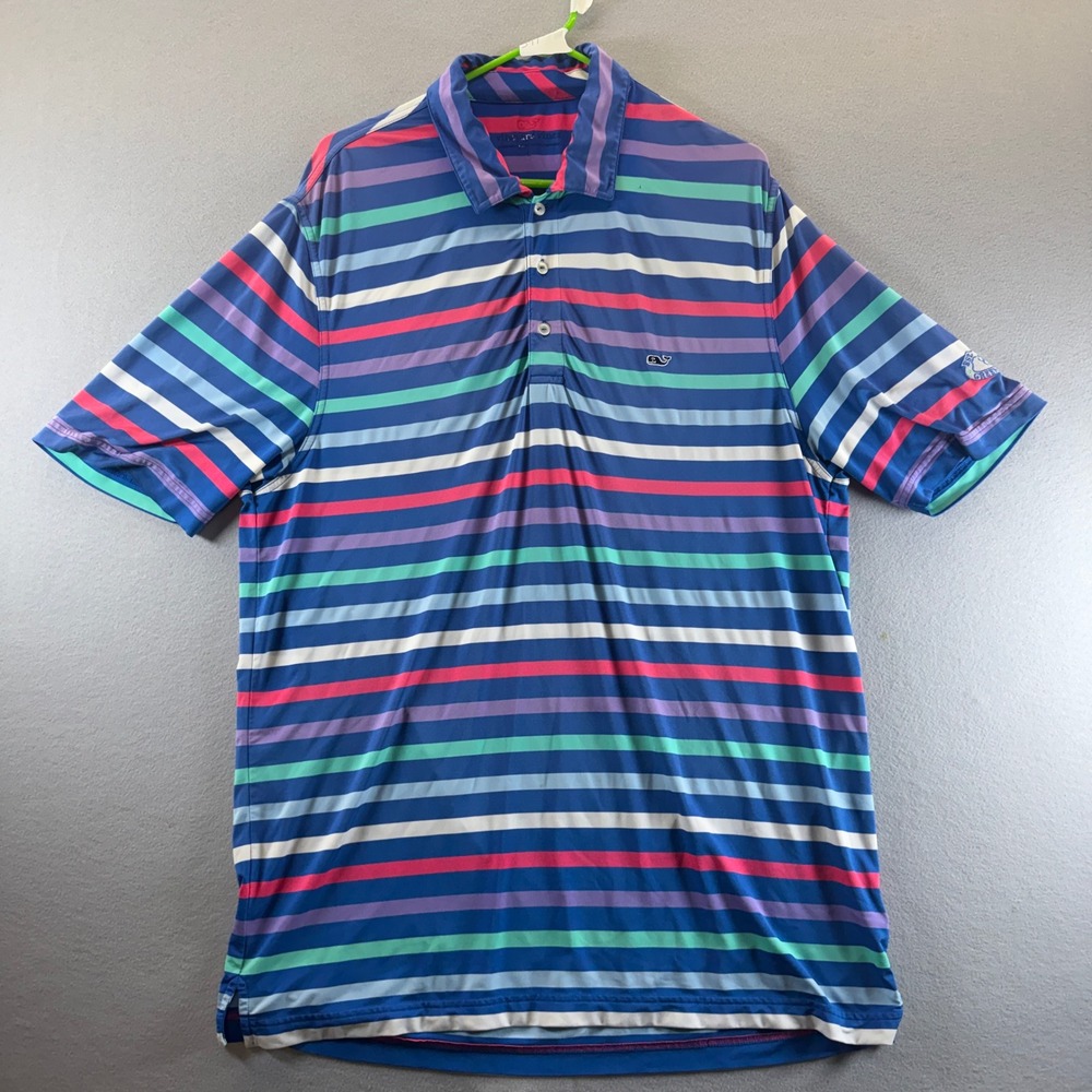 Vineyard Vines Mens Performance Polo Shirt Large Striped Blue Pink Greenfield